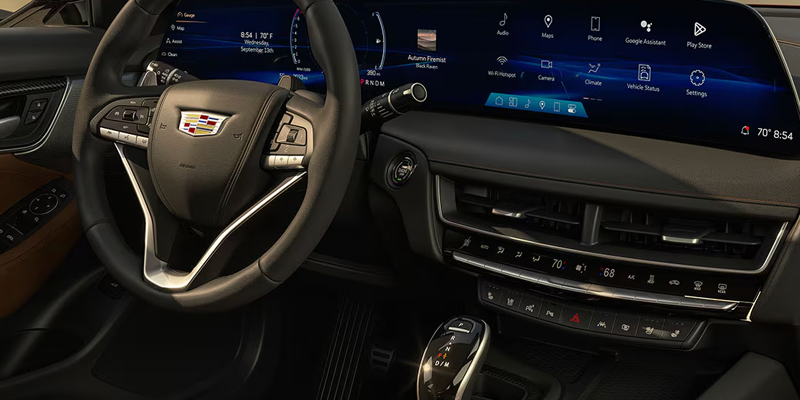 Cadillac CT5 interior showing 33-inch display and premium cabin materials
